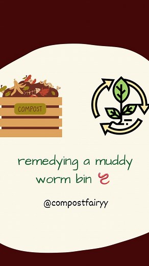 muddy worm bin remedies 🪱 When a worm bin gets muddy like this it’s a sign of too much moisture in the bin. Often catapulted by overfeeding or excess watering. Mixing in browns like cardboard, paper egg cartons, and paper will soak up the excess moisture and give the worms something to munch on in the mean time. Taking the top of really seals the deal cuz it airs out the bin and lets the water evaporate. And since the worms don’t like light and dry out when heavily exposed, they don’t crawl out