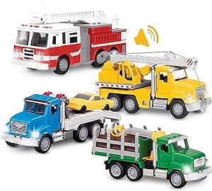 Driven by Battat – 4-Pack of 7 Toy Vehicles – Includes Street Sweeper, Garbage Truck, Police SUV, Fire Truck & Pick-Up – Durable Build, Lights & Sounds – Great Gift for Kids Ages 3+
