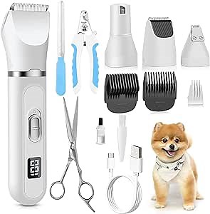 Dog Grooming Kit with LED Display - Cordless and Rechargeable Hair Clipper, Low-Noise Paw Trimmer, and Quiet Nail Grinder Shaver for Dogs, Cats, and Other Pets