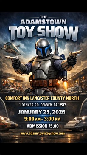 THE ADAMSTOWN TOY SHOW COMFORT INN LANCASTER COUNTY NORTH 1 DENVER RD, DENVER, PA 17517 JANUARY 25, 2026 9:00 AM - 3:00 PM ADMISSION $5.00 www.adamstowntoyshow.com #starwars #jangofett #bobafett #tvc #nostalgia | Collectablekingdom Toys & Collectables