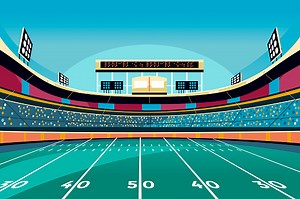 American football arena field with bright stadium lights