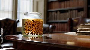 Jar of Preserved Specimen in a Historical Library with Wooden Furniture and Books Stock Video