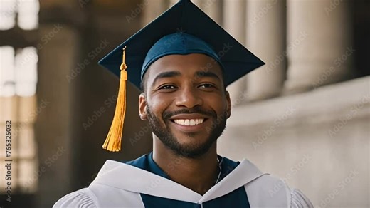 A cheerful black male graduate celebrates his graduation with a diploma and a graduate cap on his head