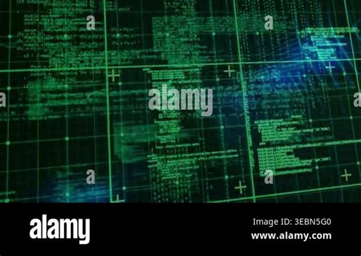 Animation of data processing and grid on black background. global data processing, computing and digital interface concept digitally generated video Stock Video Footage - Alamy