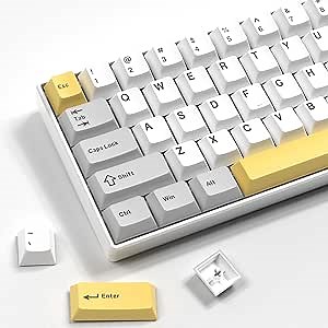 PBT Keycaps, 124 Keys Custom Keycaps Set, Cherry Profile Doubleshot Keycaps,Compatibility for Standard ANSI Layout 60%,65%,75%,100% Mx Switches Mechanical Keyboard- Yellow & White & Grey