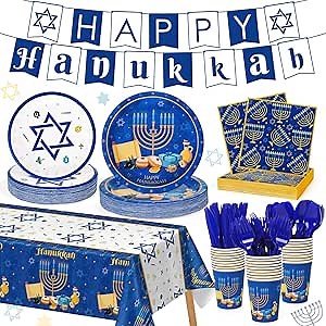 178PCS Hanukkah Party Decoration Set - Menorah, Plates, Napkins, Cups, Banner, Tablecloth, Cutlery - Bulk Supplies for Hanukkah Festival Indoor/Outdoor