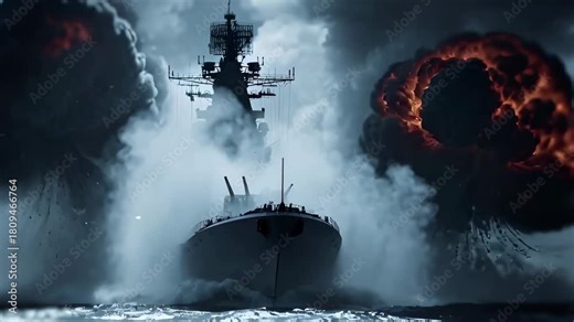 Military battleship firing weapon with large explosion and smoke on ocean during warfare event for battle concept