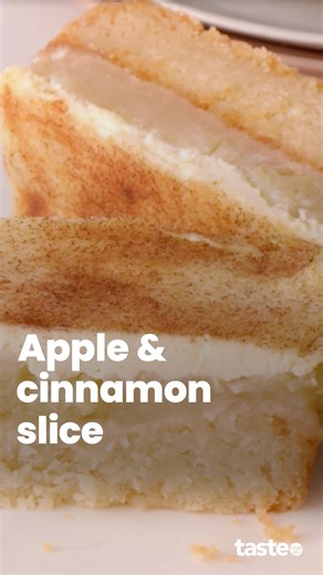 taste.com.au on Instagram: "A buttery golden base, tart apple centre and a cinnamon and cream topping. This nostalgic apple slice is just like the ones you’d find at an old-school bakery. And, thanks to a packet of cake mix, it only takes 5 minutes to prep. No eggs needed! If you'd like this recipe, comment 'Recipe' below and we'll send the recipe to your DM's, or hit the link in our bio or Google 'Taste apple & cinnamon slice'.⁣ Recipe by Jenny Webber #slicerecipe #appleslice #easybaking #bakin