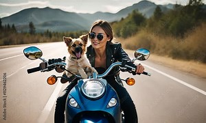 Woman traveling with her dog on a motorcycle.