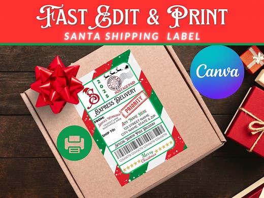 Editable Santa Shipping Label Canva Template | Personalized North Pole Express Mail Tag | Christmas Eve Printable Gift Label |gift for Child - Etsy