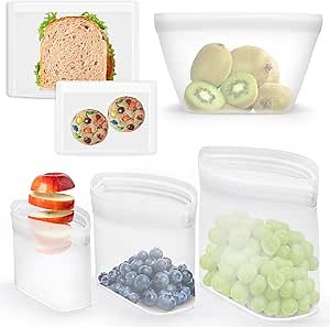 Silicone Bags for Food Storage, Reusable Zip Lock Bags Silicone Food Storage Containers, Freezer Microwave Oven Dishwasher Safe, Plastice BPA-Free 5 Pack (40oz 20oz 12oz 17oz 34oz)