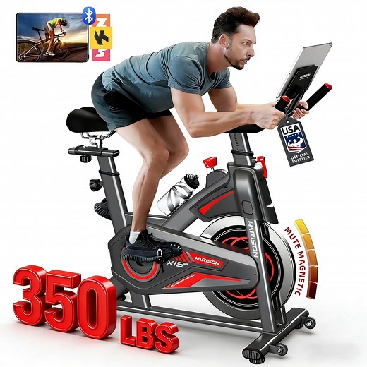 HARISON Magnetic Exercise Bike with Bluetooth, Stationary Indoor Cycling Bike with 350 LBS Weight Capacity, Quiet Belt Drive, iPad Holder and Comfortable Seat Cushion for Home Workout