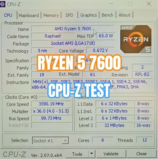 Testing AMD RYZEN 5 7600 in CPU-Z