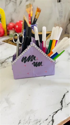 DIY Pen Holder from Waste Box 😍 | Easy Desk Organizer#foryou #diy #viral #trending #holder