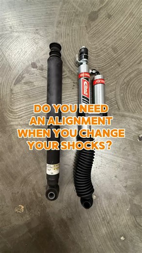 Do you need an alignment when you change your shocks? Well if ride height is staying exactly the same and you are not touching your control arms, alignment should not change. So if you have something that has separate springs and shocks, simply replacing the shocks should not change your alignment whatsoever since ride height should remain the same. Where things can get tricky are with coilover struts, which actually hold the weight of the vehicle, therefore defining ride height and potentially 