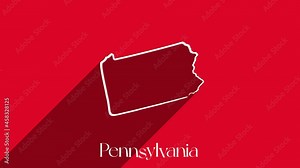 Animated line map showing the state of Pennsylvania from the United State of America. USA. Pennsylvania state lettering isolated on red background with shadow
