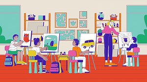 Middle school art class cartoon animation. Schoolkids painting canvas easel 4K 2D motion graphic. Art teacher giving advice to kid about drawing animated characters on classroom background