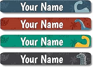 Lovable Labels Personalized Labels for Kids (120 Labels) - Waterproof Dishwasher Safe Peel and Stick Labels are Great for School Supplies Daycare Camp Bottles (Mighty Dinos)