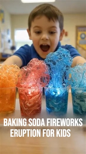 Baking Soda Fireworks Eruption You Will Need: Small clear plastic or glass cups (one per color) Baking soda (about 1 tablespoon per cup) Vinegar (about ¼ cup per cup) Food coloring or liquid watercolors (red, blue, yellow, green, etc.) Dish soap (a few drops per cup, optional for more bubbles) Glitter or confetti (optional, for sparkle) Small spoons or droppers Tray or large baking pan (to catch the overflow) Instructions: Set Up Your Cups: Place your cups on a tray or baking pan to make cleanup