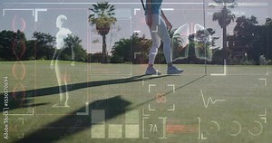 Golfer walking onto green triggers fitness HUD updating heart rate and lung scan during ball pickup