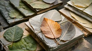 A collection of notebooks with covers made from pressed leaves and flowers showcasing the beauty of nature.