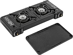 Double Burner Butane Stove, Butane Camping Stove Kit with Baking Pan and Carrying Case, Portable Camping Burner for RV, Apartments, Outdoor