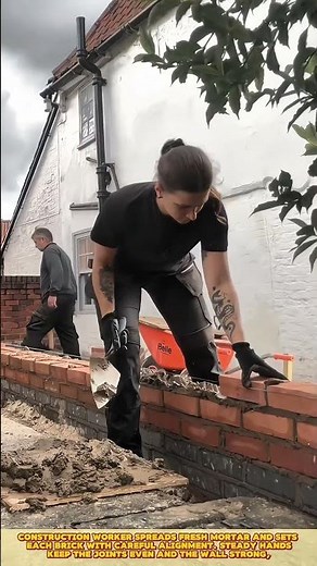 Skilled worker spread mortar, position bricks, and build structure