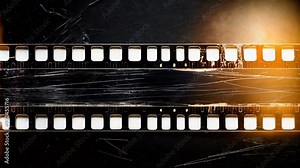 Blank grained and scratched film strip texture background with heavy grain, dust and a light leak Real Lens Flare Shot in Studio over Black Background. Easy to add as Overlay or Screen Filter