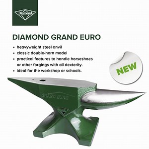 The Diamond Grand Euro Anvil is a heavyweight anvil with classic double-horn model. 💪The steel anvil is made in one piece and has all the practical features to handle horseshoes or other forgings with all dexterity. Ideal for the workshop or schools. MORE SPECIFICATIONS: - Heavyweight anvil with double horn (85 kilograms) - Steel anvil moulded in 1 piece - Made in Europe - Finished steel work surface with clip block and sharp edges for precisio work. - Inserted square hole for anvil tools and r