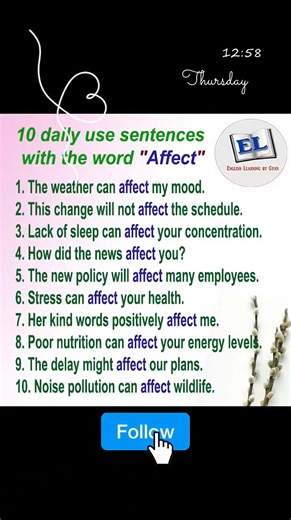 5.9K views · 150 reactions | Affect in a sentence #englishsentences #dailyenglish #englishtutor #English #learnenglishonline #englishteacher #englishtips | English Learning | Facebook