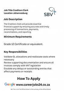Job Title Creditors Clerk Company: SBV Services Location: Houghton, Johannesburg, Gauteng Position Type: Permanent Reference Number: CREDCLK01 Find The Application Link in The Comments Section To Apply | Job-Opportunities-Available