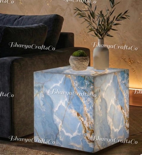 Backlit Blue Onyx Cube Side Table – Natural Stone End Table, Translucent Furniture - Etsy UK