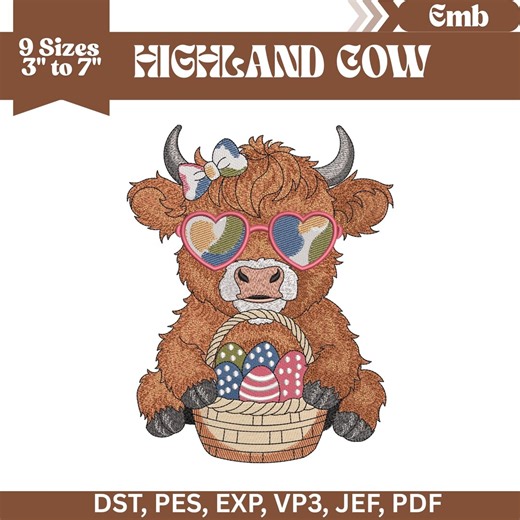 Easter Highland Cow Machine Embroidery Design, 9 Sizes, Instant Download - Etsy