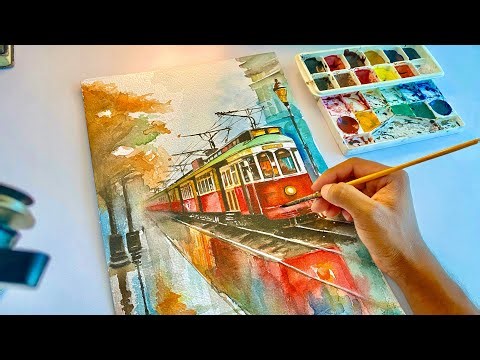 How I Paint a Realistic Train Using Watercolors 🎨 Step-by-Step Relaxing Art Process #watercolor
