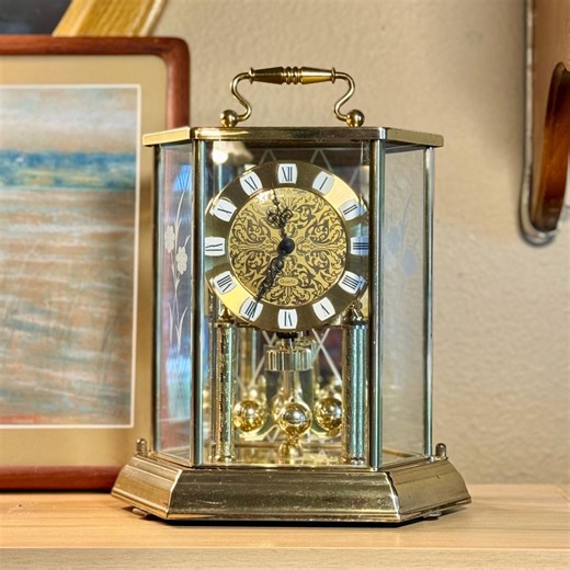 Vintage Kundo Brass Mantel Clock With Floral Etched Glass | Quartz, Made in West Germany - Etsy
