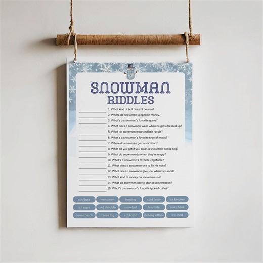 Snowman Riddles Game Printable, Winter Riddle Me This With Answers January Game, Frosty the Snowman Trivia, Family Night Snow Day Activities - Etsy