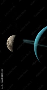 Oberon moon orbiting around Uranus planet in the outer space. 4K Vertical