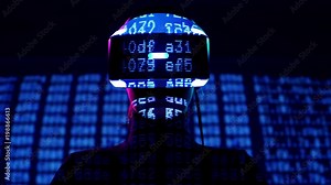 Profile portrait of young woman in VR headset with symbols and numbers projection. Virtual reality interactive helmet on brarcode matrix background
