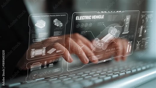 Technical layout of electric vehicle showing battery system, power control, traction motor, charging interface, and integration with renewable and smart energy sources Marrow