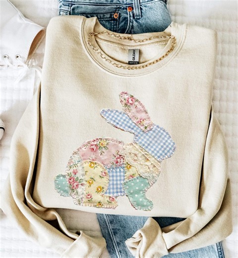 FAUX Patchwork Floral Bunny Sweatshirt, Grandmacore Easter Crewneck, Spring Sweater Gift for Women - Etsy