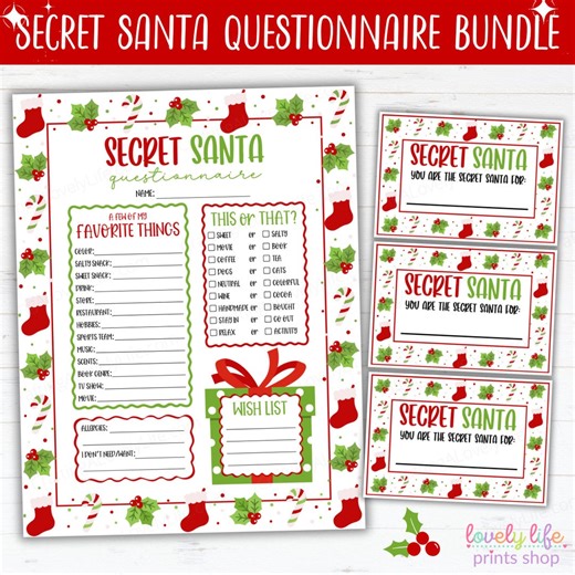 Printable Secret Santa Questionnaire Bundle, Holiday Gift Exchange Forms & Name Draw Cards, Christmas Party Printable, Secret Santa Survey - Etsy