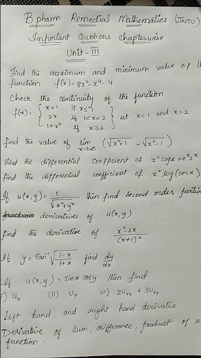 b.pharm remedial maths important questions chapterwise | unit 3 rm13 #shorts