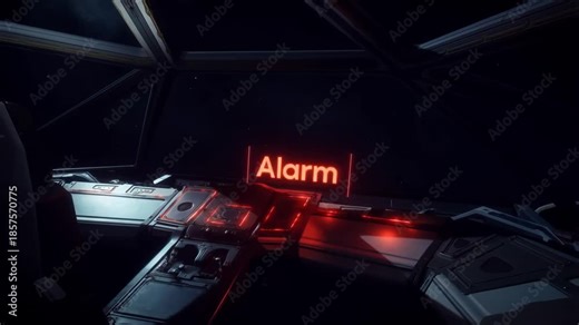 Futuristic spaceship cockpit emergency alarm with red warning lights and pulsating HUD in deep space