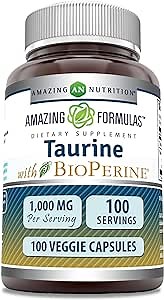 Amazing Formulas Taurine with Bioperine 1000 Mg | Veggie Capsules Supplement | Non-GMO | Gluten-Free | Made in USA (1 Pack | 100 Count)