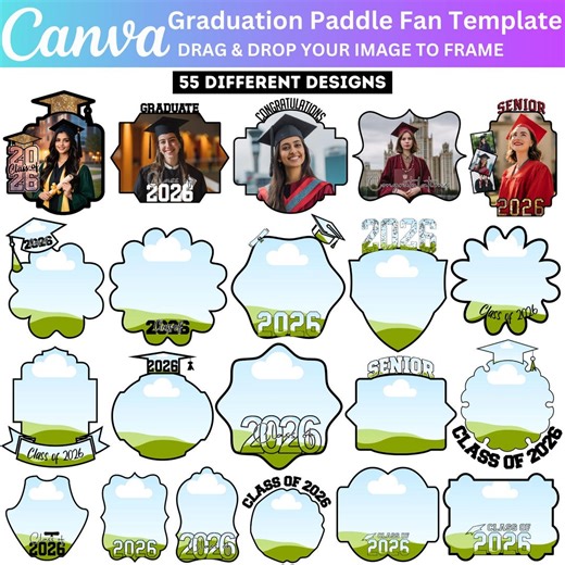 50  Graduation Fan Paddle 2026 Bundle, Canva Editable Grad Paddle Frames, Custom Grad Fan, Graduation Fan 2026, Graduation Cake Topper - Etsy