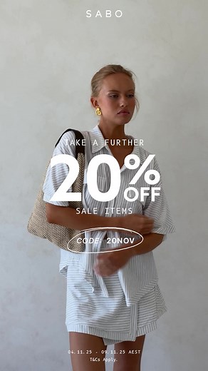Take an extra 20% off sale items. Limited time offer. Code: 20NOV | SABO | Facebook