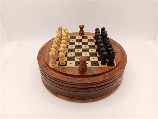 Vintage Round Wooden Travel Chess Set Peg Pieces Blue-purple Velvet Lined Box - Etsy