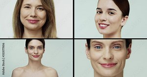 Multiscreen on different Caucasian females. Pretty girl standing in profile. Happy beautiful woman smiling to camera. Side view of female head who turns around. Close up of female face Collage concept