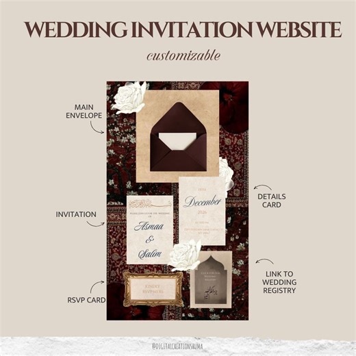Maroon Luxury Wedding Website Template | Elegant Arabic Nikkah or Henna Invitations - Etsy