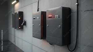 Generic mockup of battery packs alternative electric energy storage system at home garage wall as backup or sustainable energy concepts